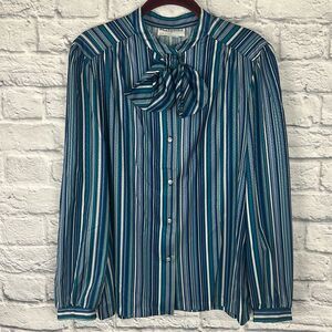 Vintage 70s Striped Bow Ribbon Collar Size 18 Blouse
